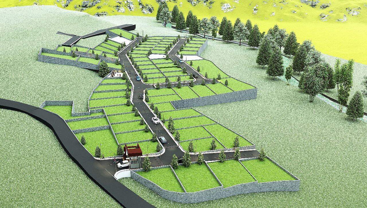 Aerial rendering of a planned KDST land colony with paved roads and green plots